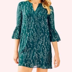 Lilly Pulitzer M NWT Elenor’s Silk Teal Fish Clip Chiffon Holiday Relaxed Dress